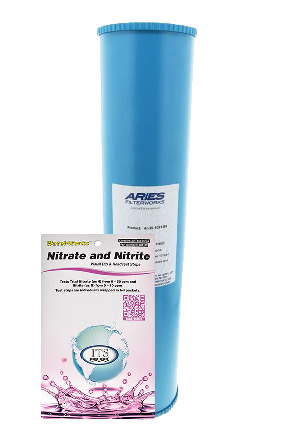 Aries NITRATE Reduction Filter | 20" x 2.5" and Nitrate and Nitrite Test Kit
